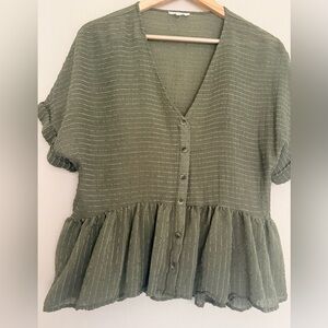 Blu Pepper Sage Green Striped Peplum Blouse Size Large
